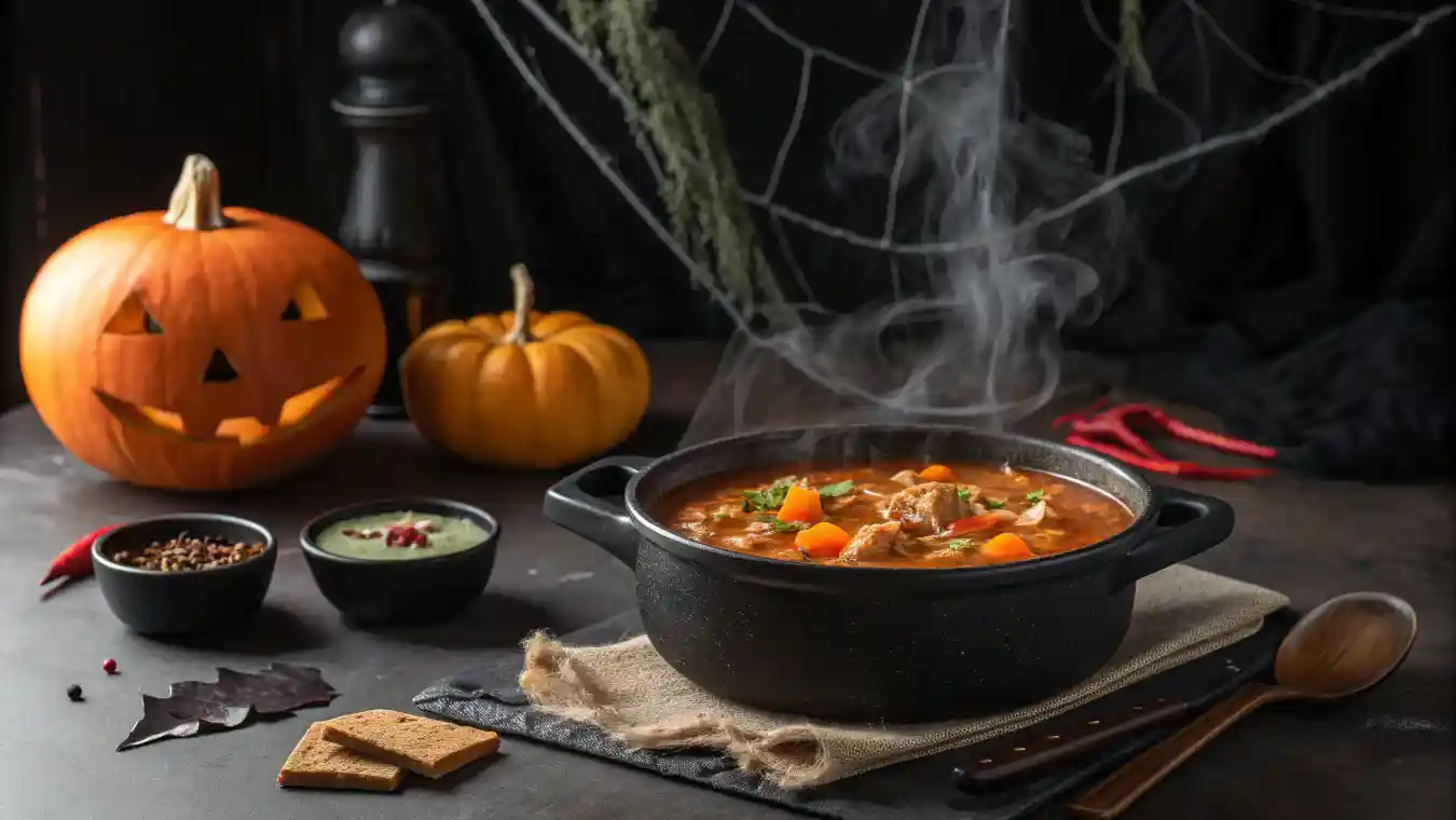 Witch’s Cauldron Stew with Black Beans served in a spooky Halloween setting.