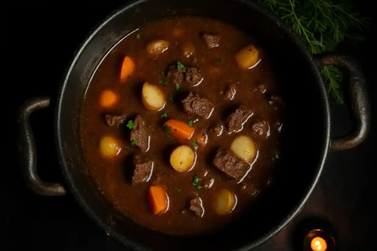 Witch’s Cauldron Beef Stew: A Cozy Autumn Meal Idea 2 Top view of a bubbling cauldron filled with hearty beef stew with potatoes and carrots