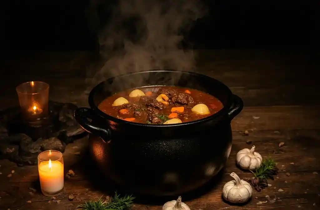 Rustic black cauldron filled with bubbling beef stew on a wooden table with herbs and candles