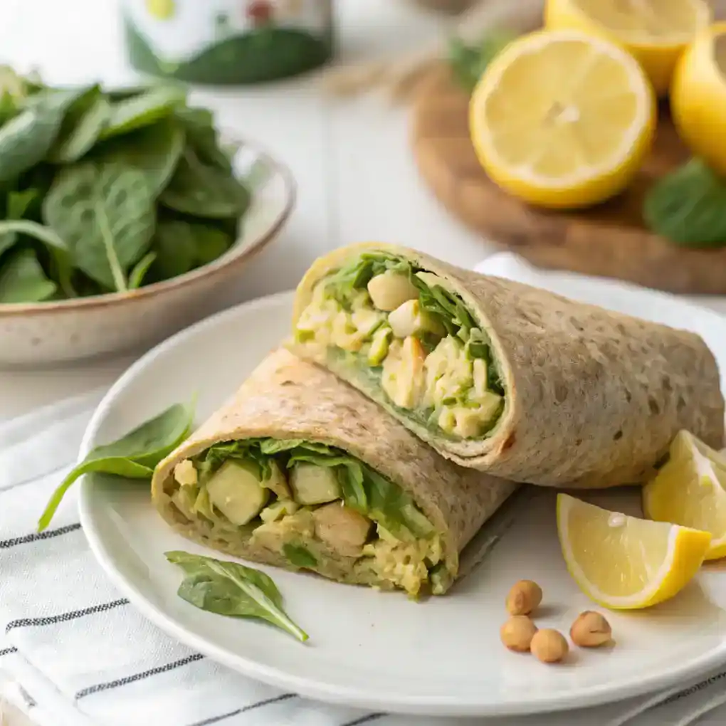 Save Money With These Simple Vegan Meal Plans 2 Easy chickpea avocado salad wrap with lemon and spinach
