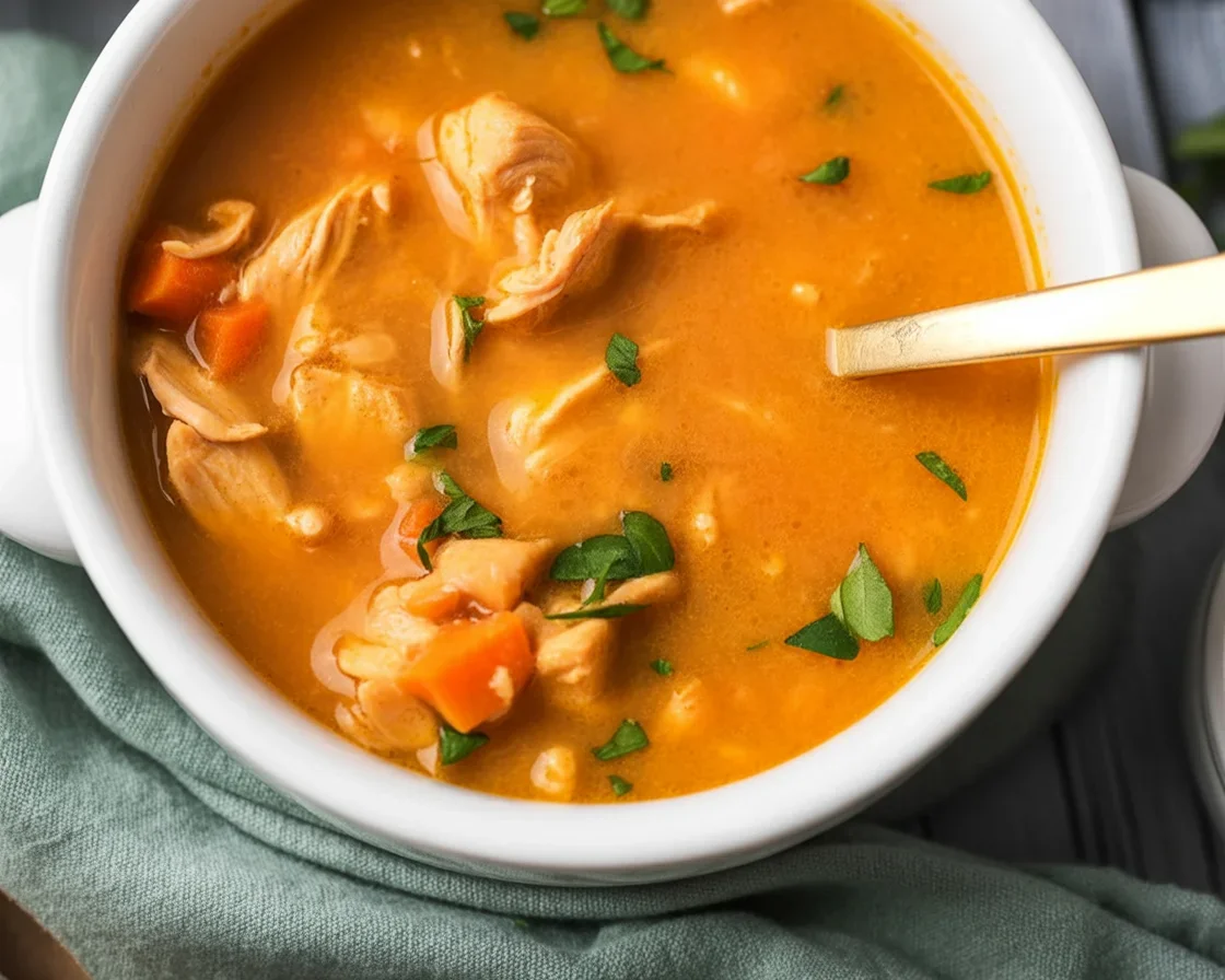 Bowl of creamy Spicy Jalapeño Popper Soup garnished with jalapeños and cheese.