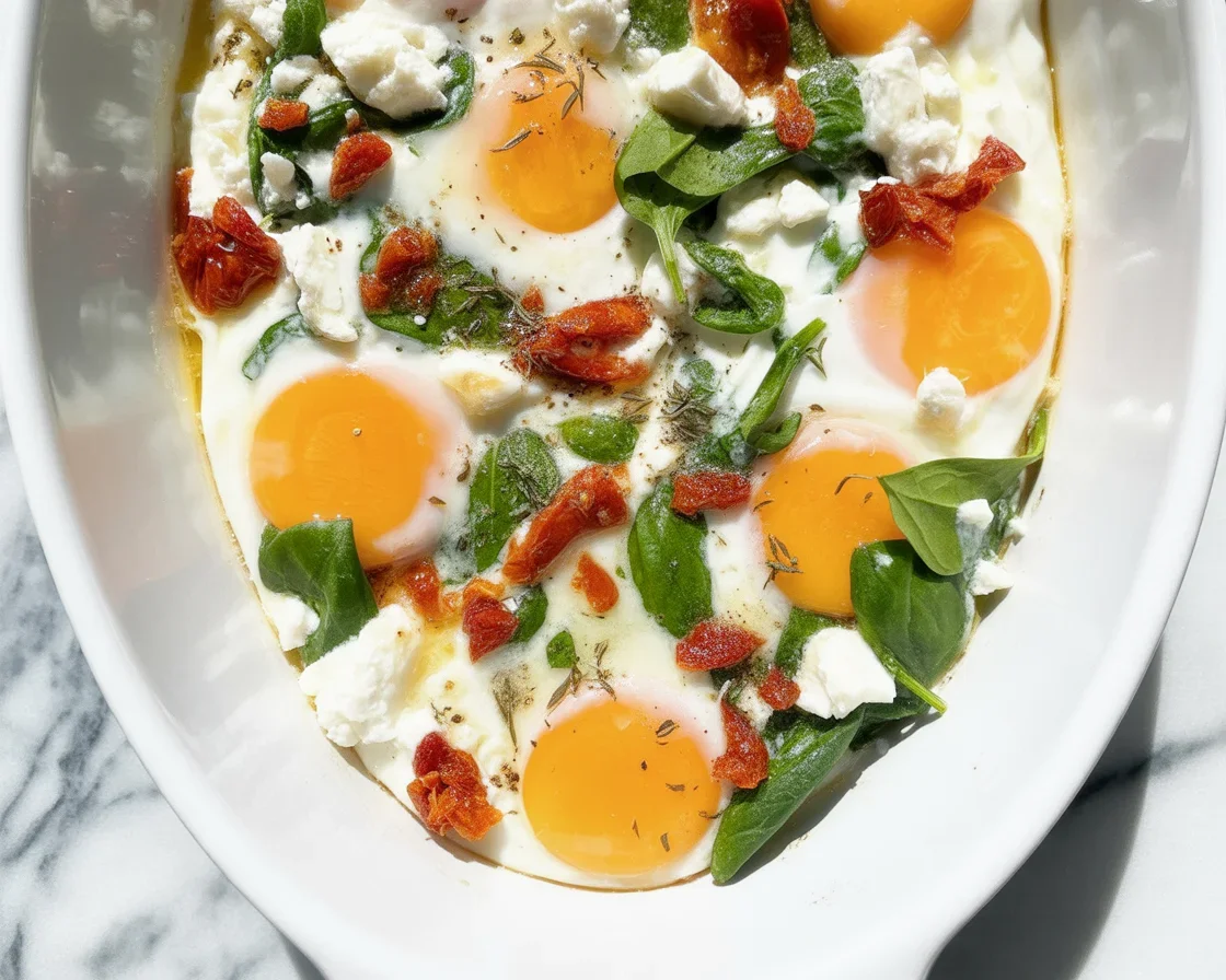 Easy baked feta eggs with spinach and tomatoes, a healthy brunch option.
