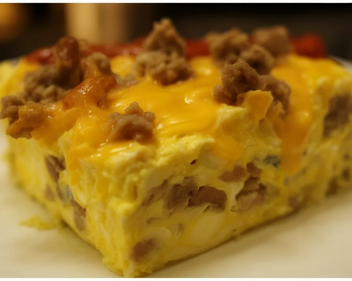 Easy Sausage and Egg Casserole served in a dish, topped with cheese and herbs.