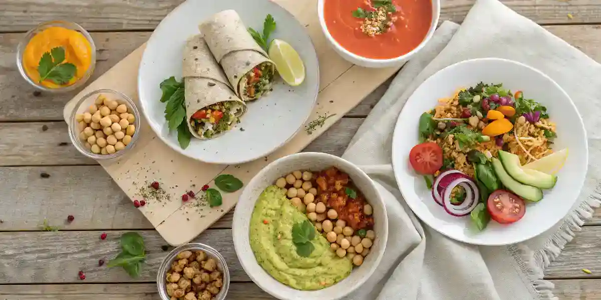 Colorful assortment of easy vegan dishes for beginners and meal preppers