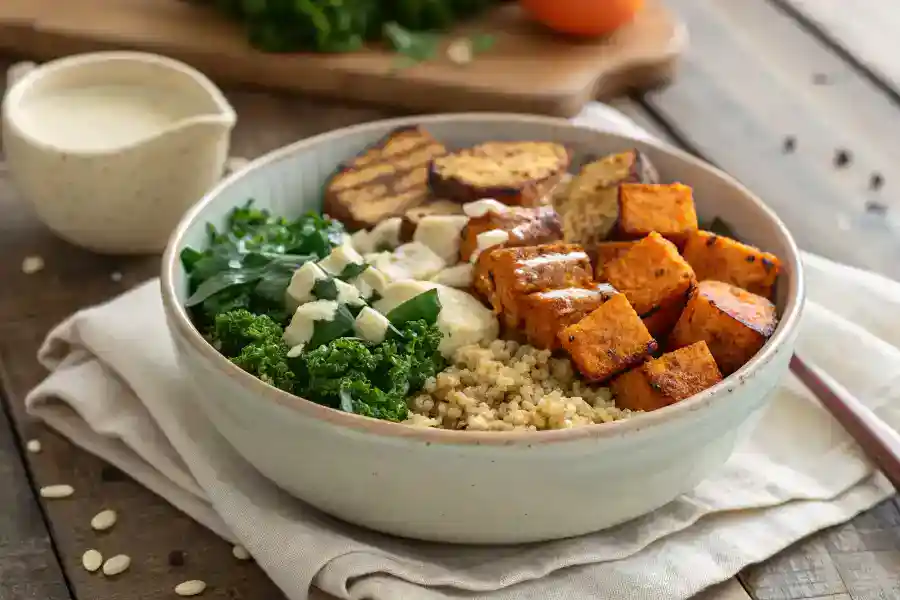 Save Money With These Simple Vegan Meal Plans 5 High-protein vegan meal prep bowl with quinoa, tempeh, kale, and tahini