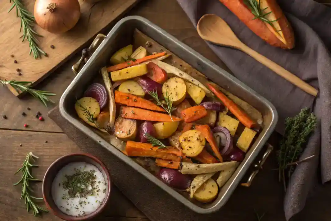 Rustic root veg roast with carrots, parsnips, potatoes, and herbs