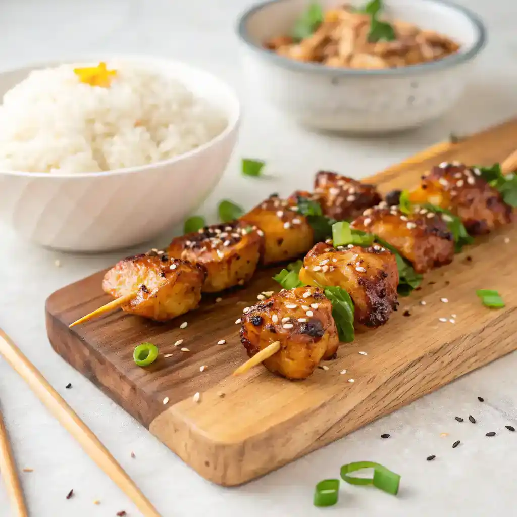 Flat lay view of Teriyaki Air Fryer Chicken Skewers with rice and sesame garnish, styled for a recipe card.