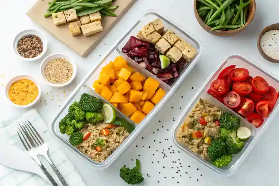 Save Money With These Simple Vegan Meal Plans 3 Top view of budget-friendly vegan meal prep containers with quinoa, tofu, and roasted vegetables