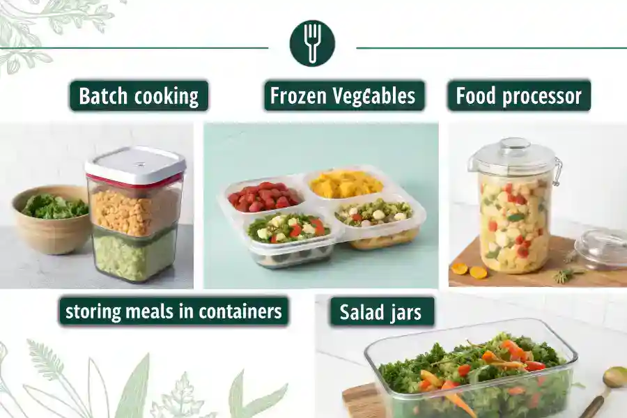 Save Money With These Simple Vegan Meal Plans 6 Infographic showing top 5 time-saving hacks for vegan meal prep