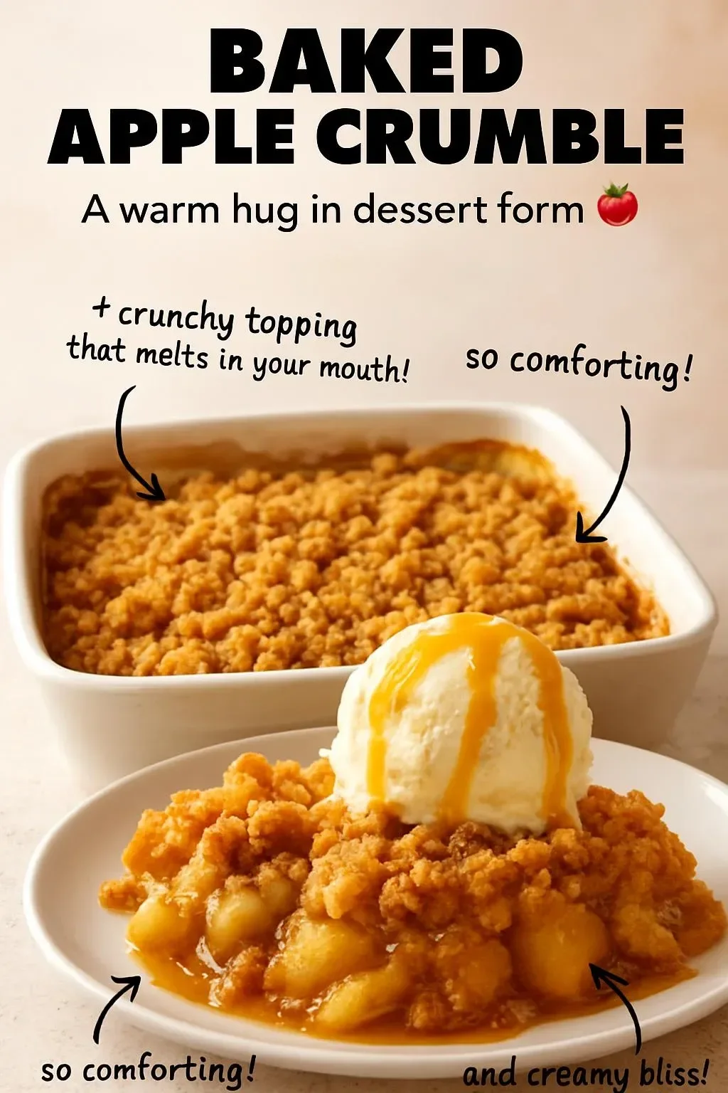 Delicious baked apple crumble with crispy topping and tender apples