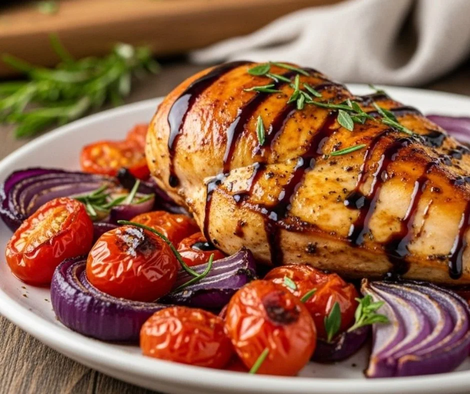 Delicious balsamic baked chicken breast served with vegetables