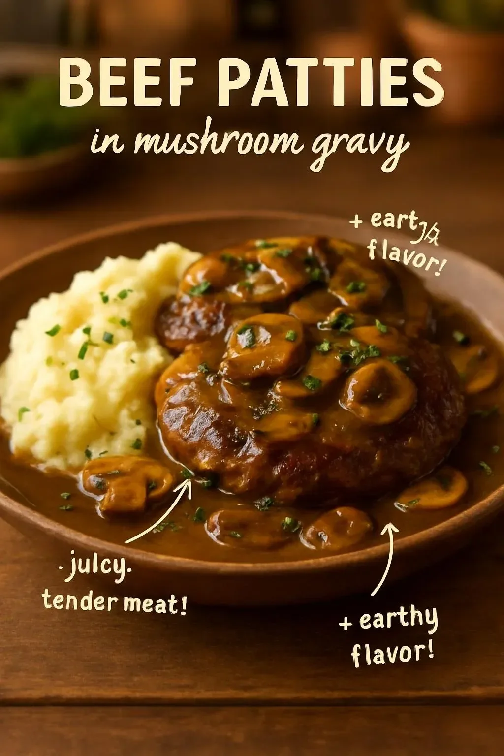 Beef patties served in savory mushroom gravy with fresh herbs
