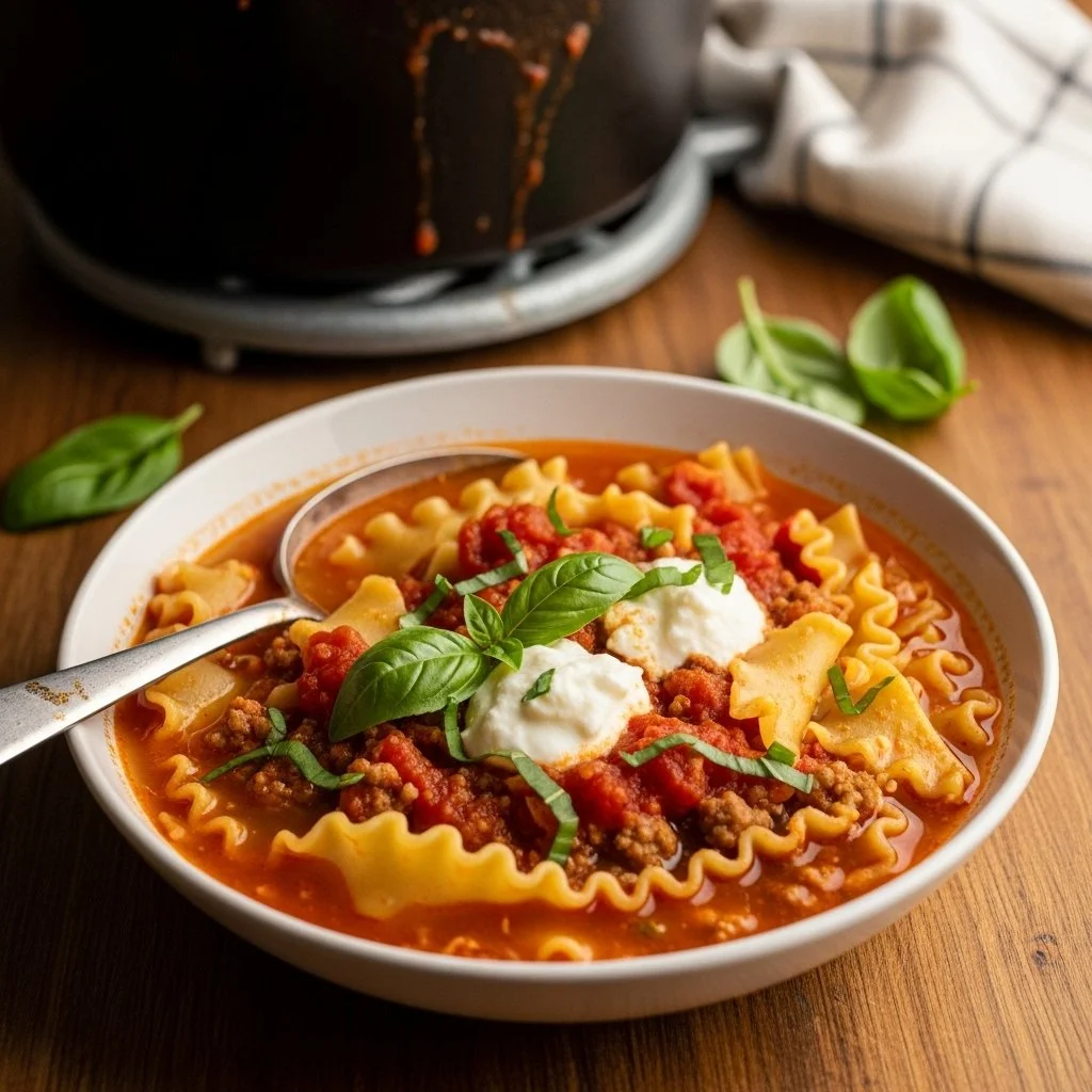 Delicious one-pot lasagna soup served in a bowl with cheese and herbs
