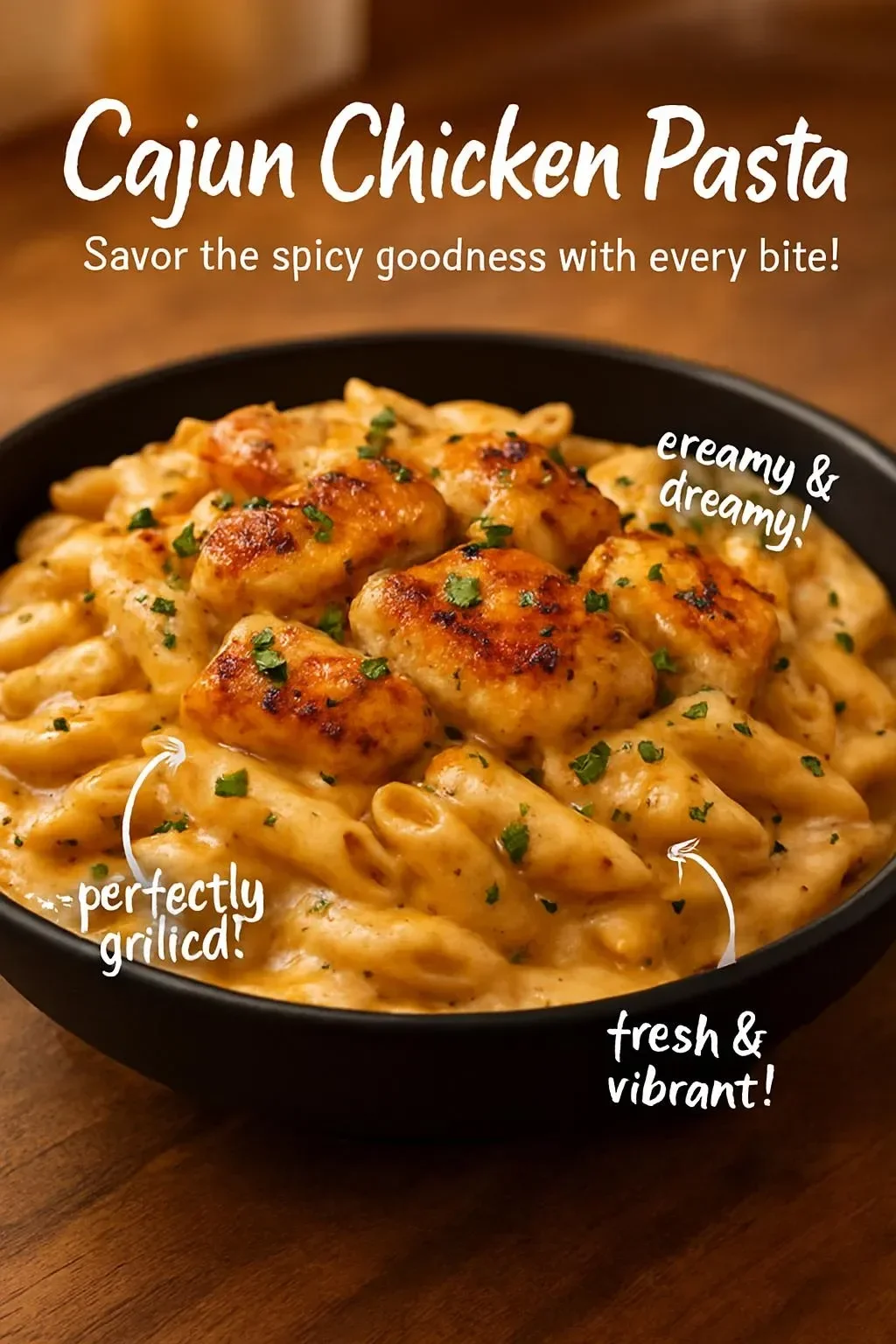 Cajun Chicken Pasta served in a bowl, garnished with herbs and spices.