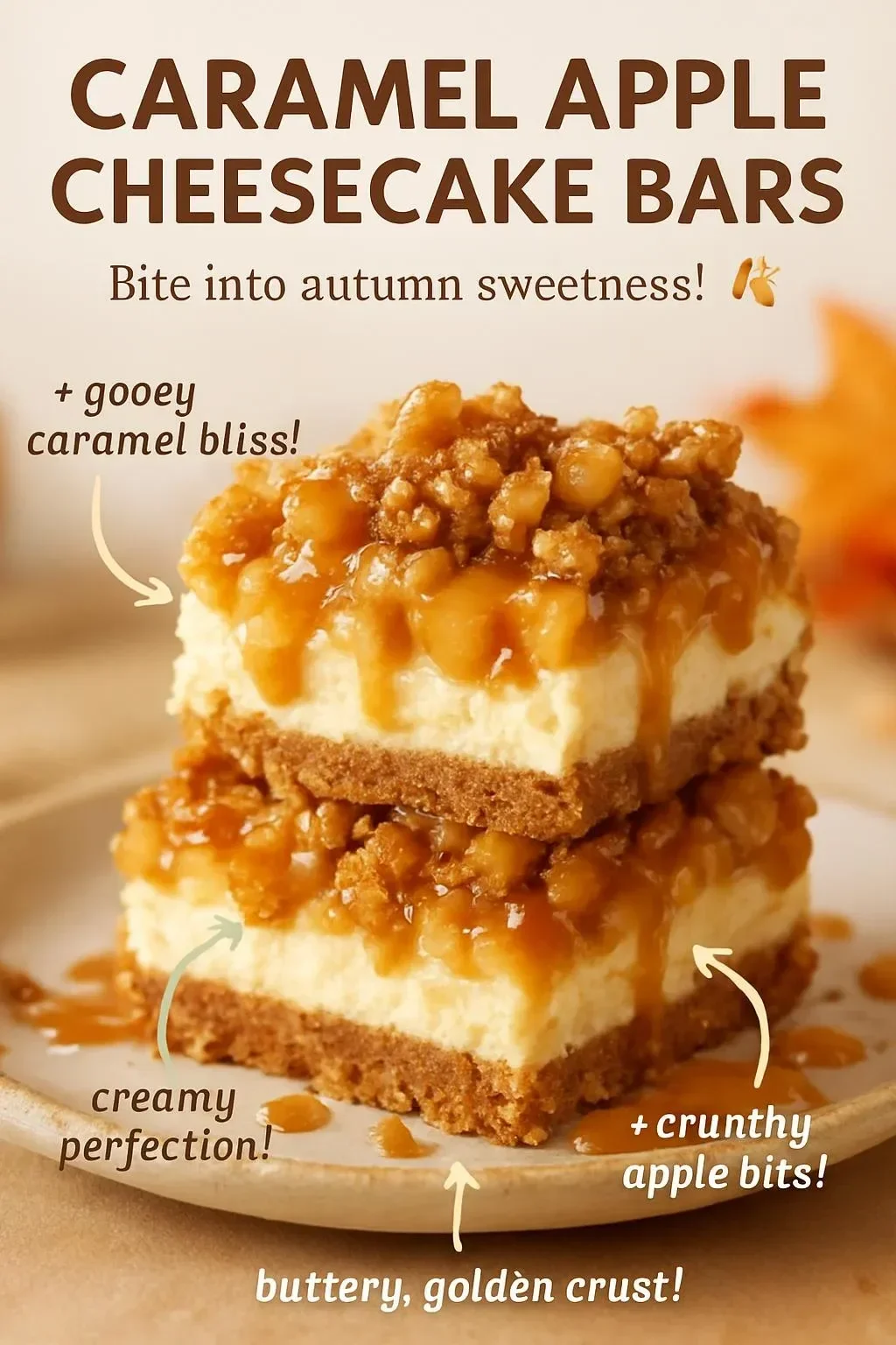 Delicious Caramel Apple Cheesecake Bars topped with caramel drizzle and apple slices.