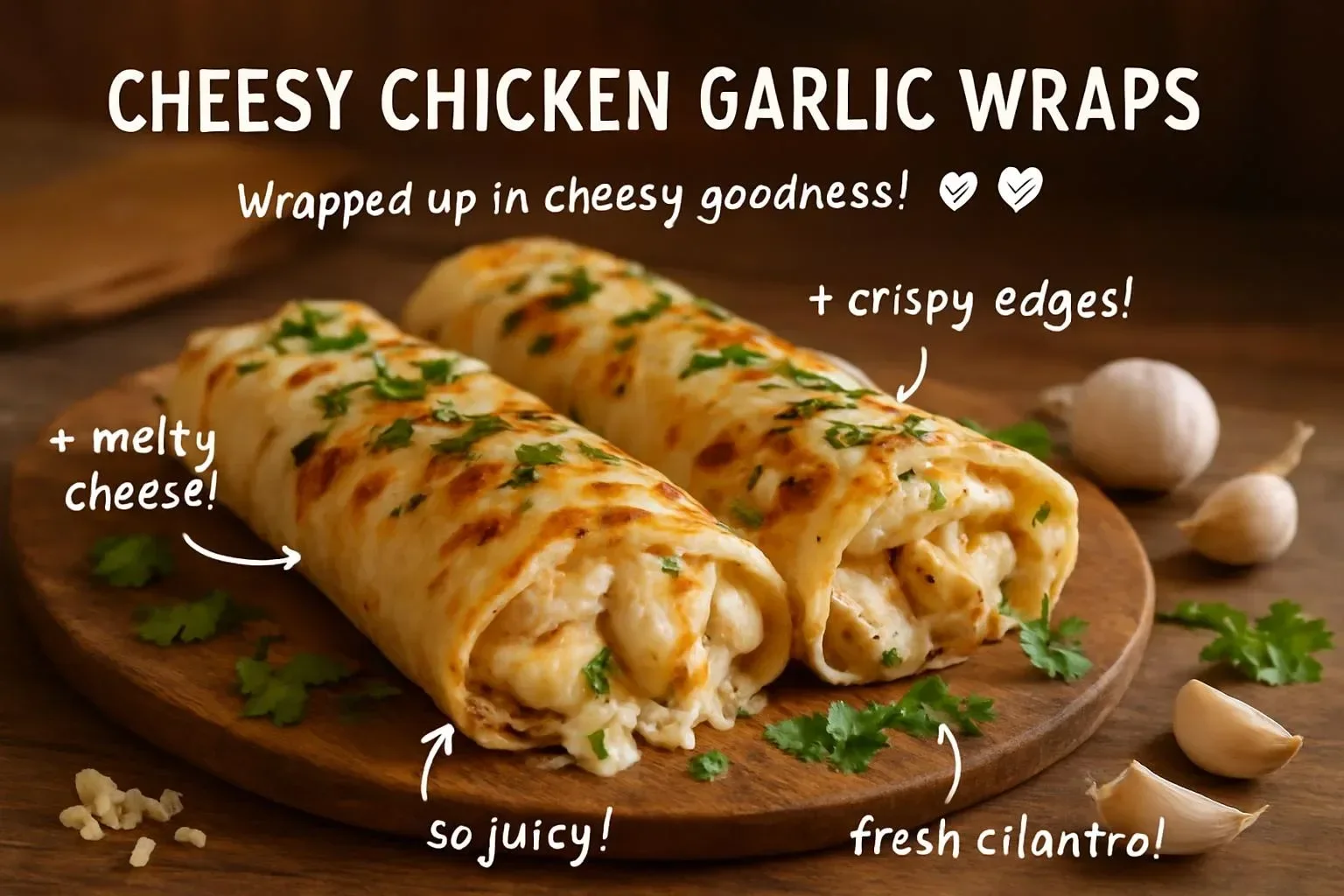 Delicious cheesy chicken garlic wraps on a plate, ideal for a quick meal.