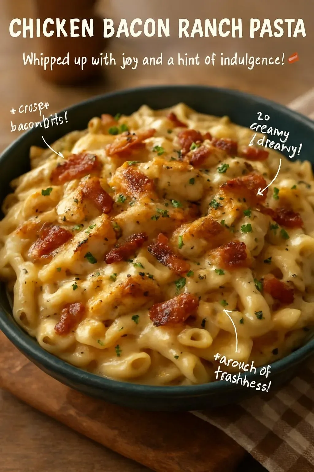 Creamy Chicken Bacon Ranch Pasta served in a bowl with garnishes