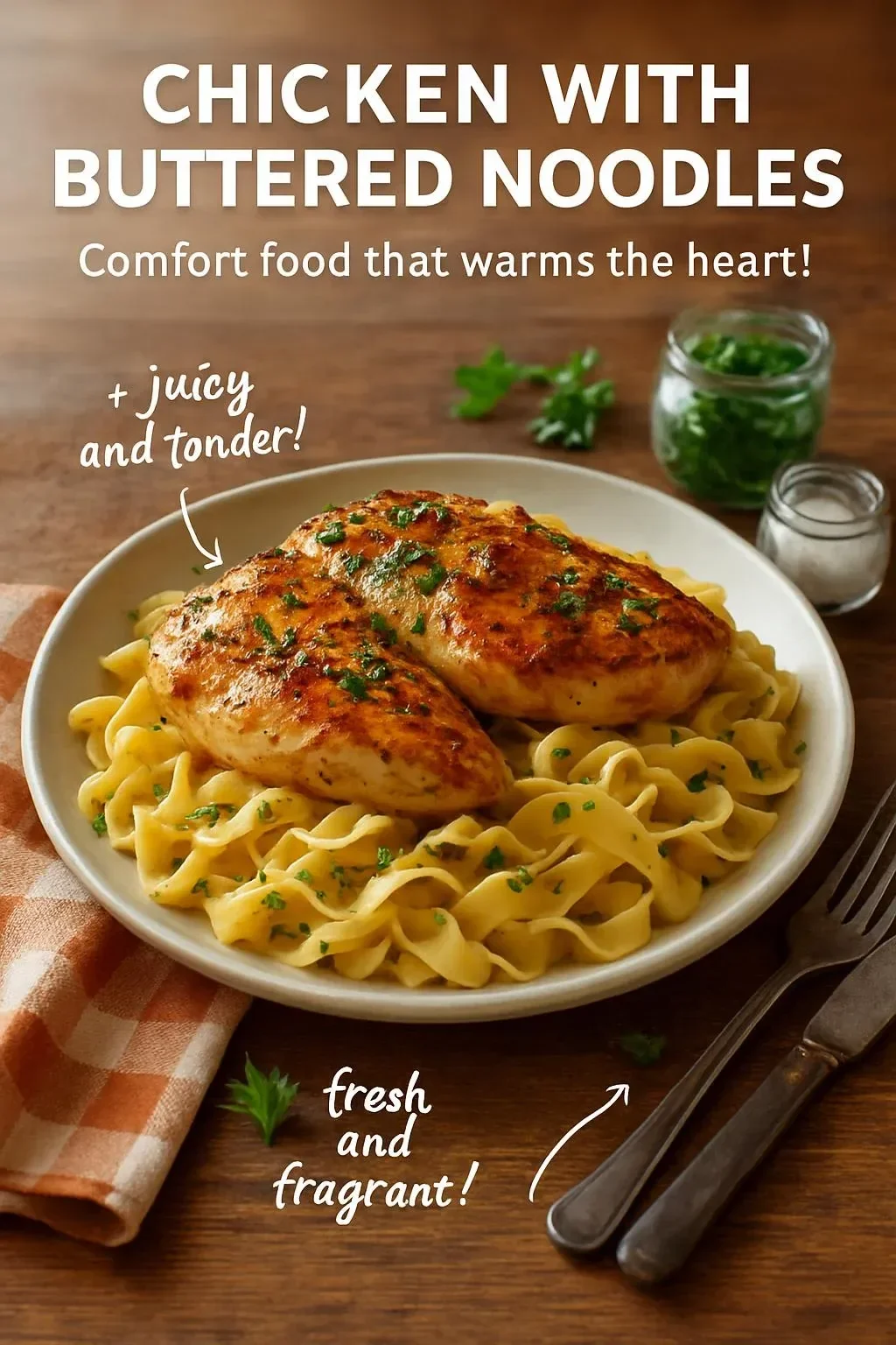 Delicious chicken served with buttered noodles, a comforting meal.