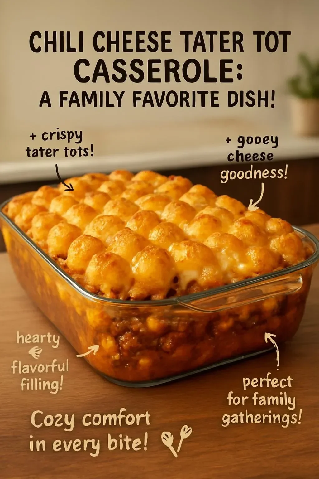 Chili Cheese Tater Tot Casserole baked in a dish topped with melted cheese and chili.