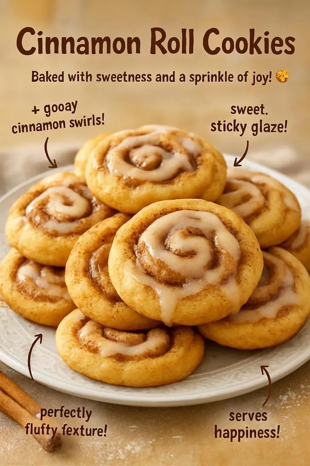 Freshly baked cinnamon roll cookies with a swirl of cinnamon and icing