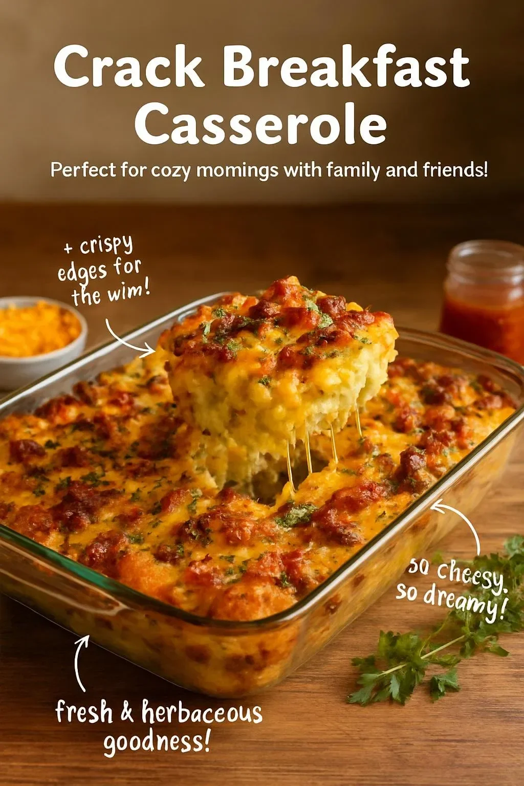 Delicious Crack Breakfast Casserole topped with cheese and herbs