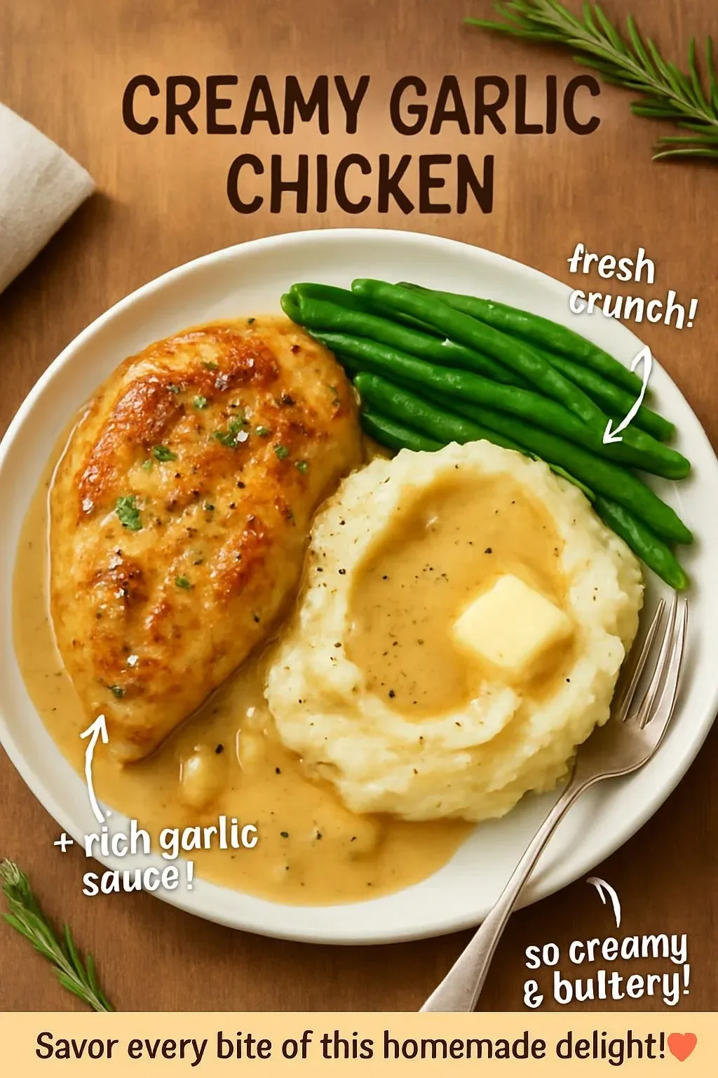 Creamy garlic chicken served on a plate garnished with herbs