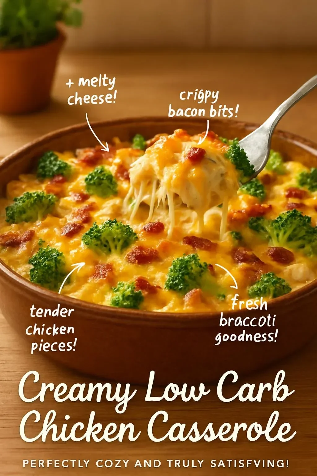 Creamy low carb chicken casserole topped with cheese and herbs