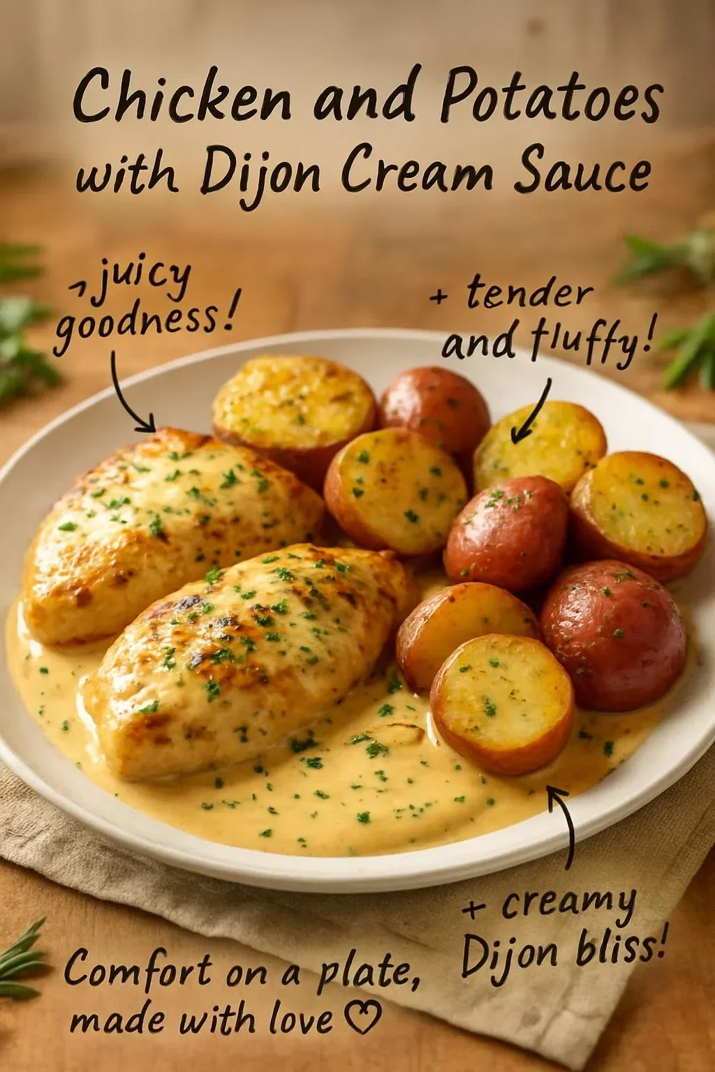 Dijon Cream Chicken with Potatoes ready to serve on a plate