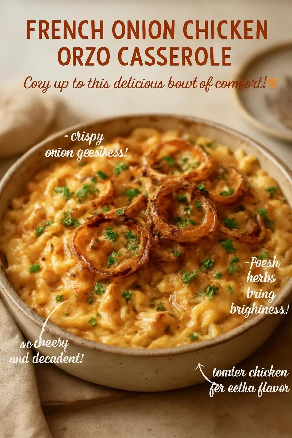 French Onion Chicken Orzo Casserole topped with melted cheese and fresh herbs