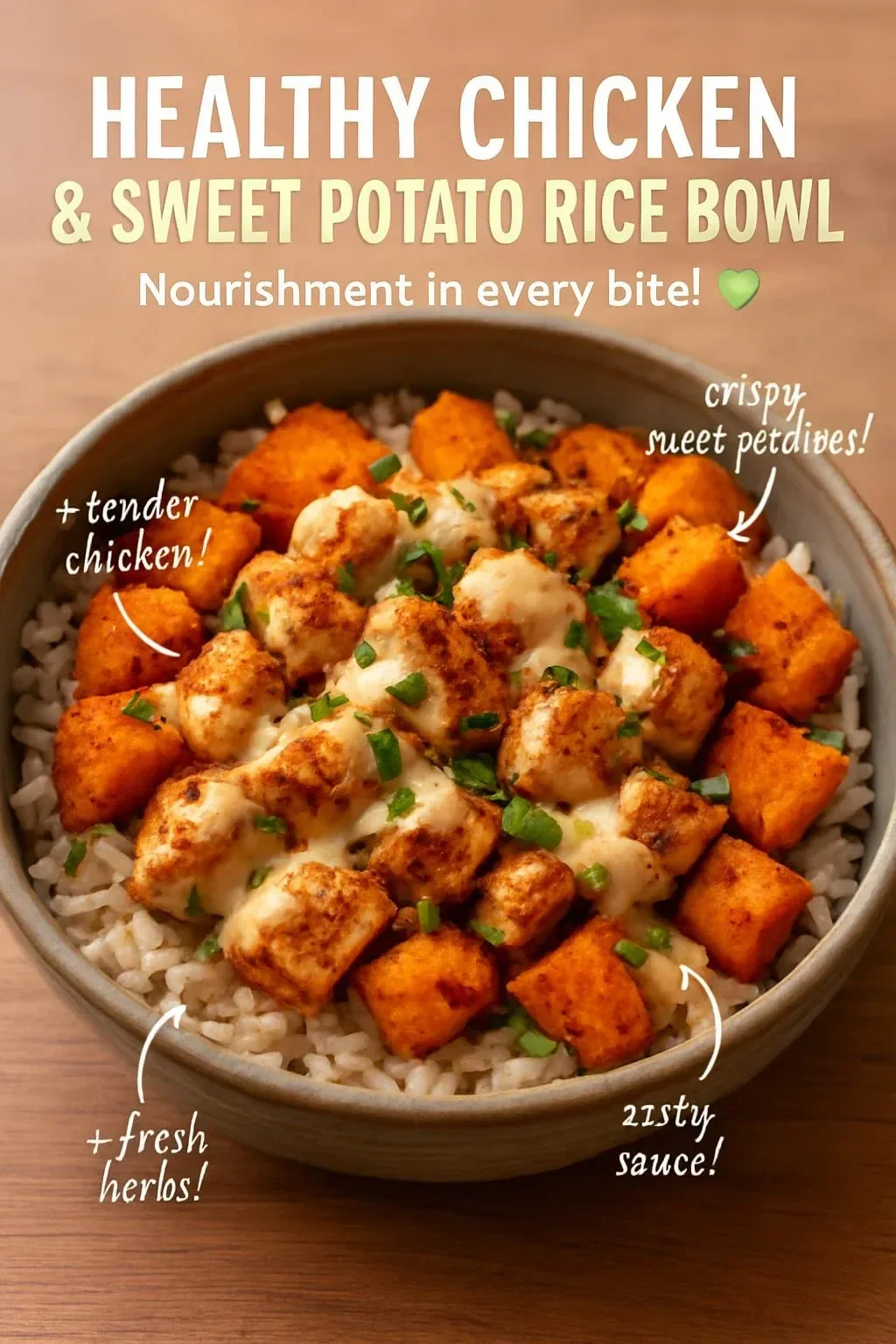 Healthy chicken and sweet potato rice bowl packed with nutrients