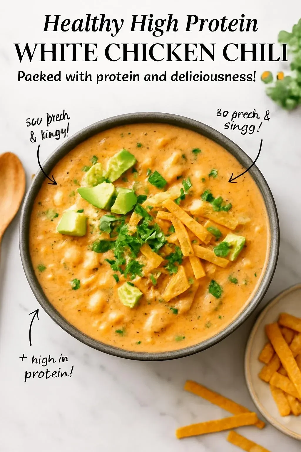 Healthy high protein white chicken chili in a bowl topped with cilantro