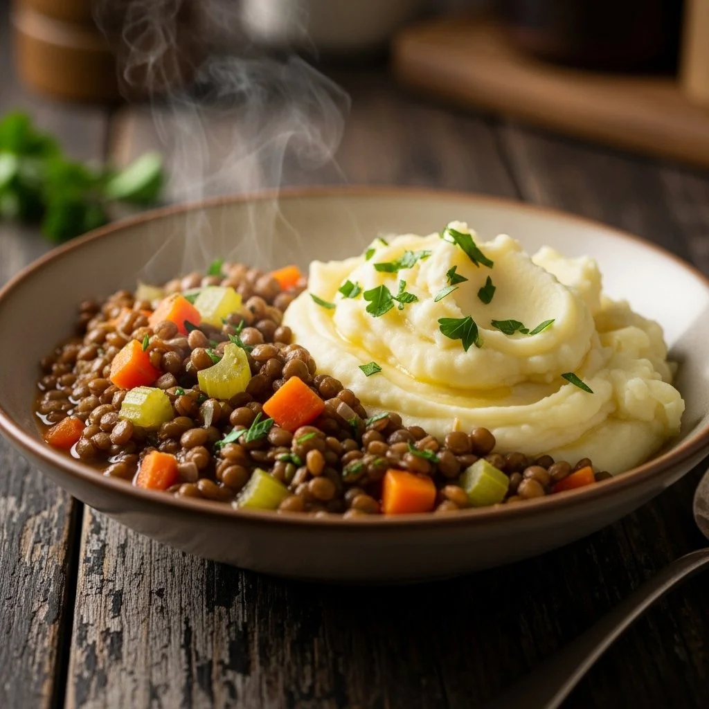 Hearty lentil stew bowl served with creamy mashed potatoes on a wooden table