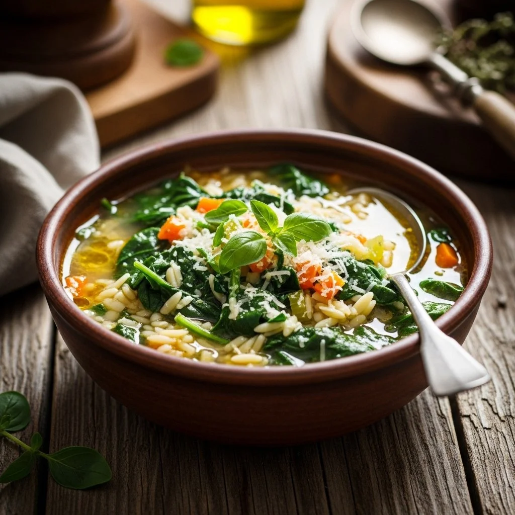 Bowl of Italian Orzo Spinach Soup filled with fresh ingredients for cozy meals.