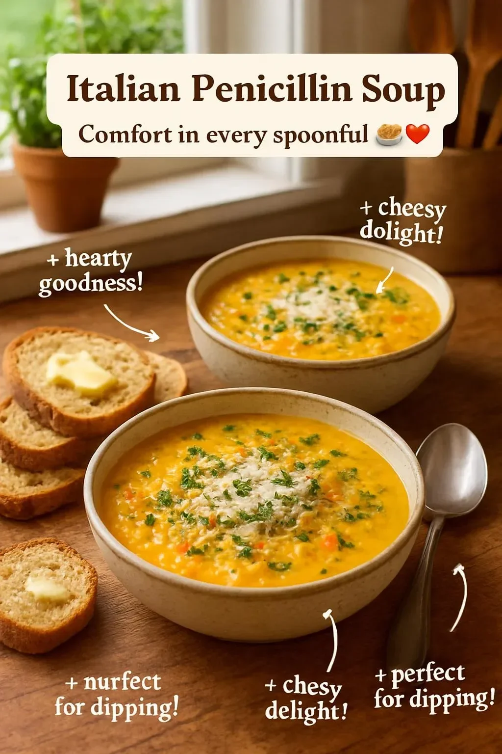 Bowl of Italian Penicillin Soup with fresh herbs and ingredients