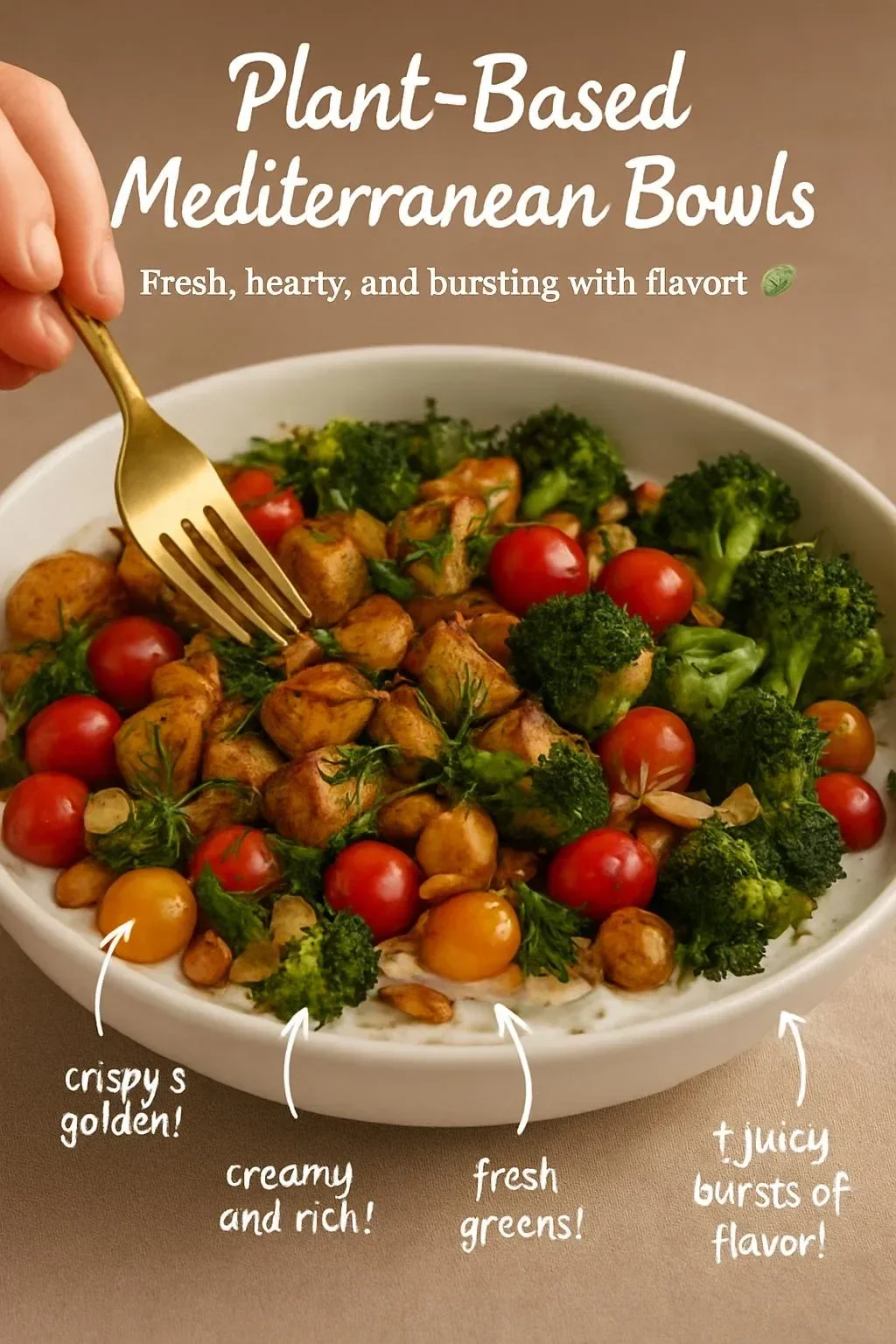 Colorful plant-based Mediterranean bowls with fresh vegetables and grains