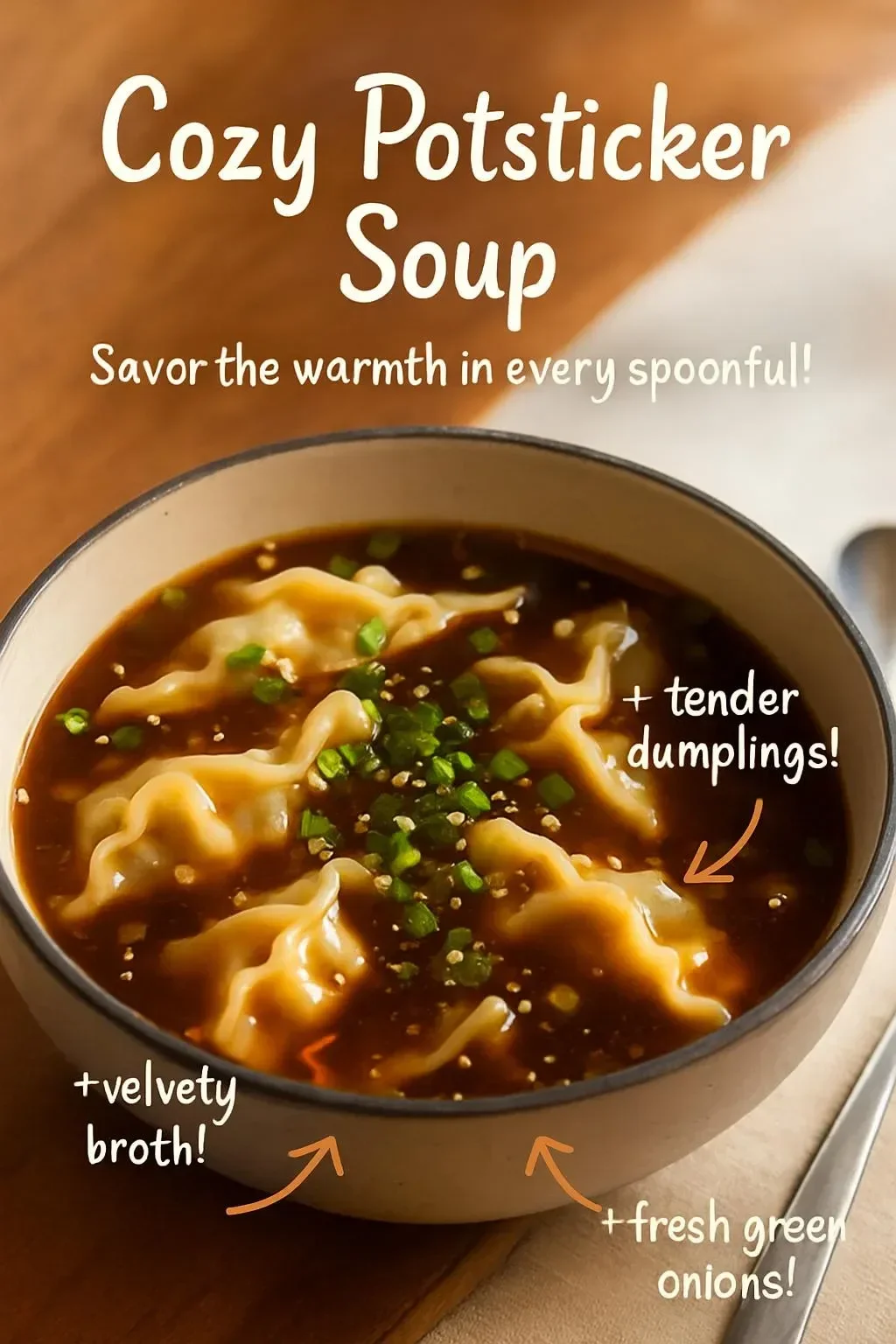 Bowl of homemade Potsticker Soup with dumplings and vegetables