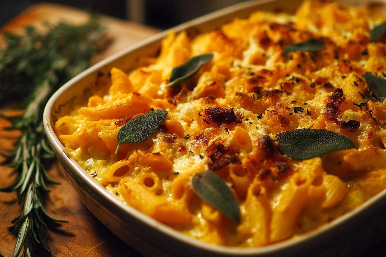 Pumpkin Ricotta Pasta Bake topped with herbs and cheese