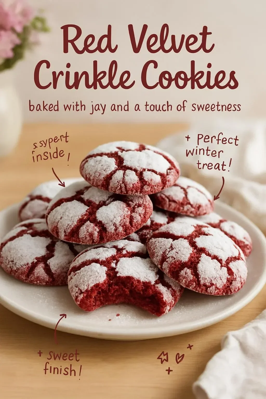 Delicious Red Velvet Crinkle Cookies with powdered sugar topping