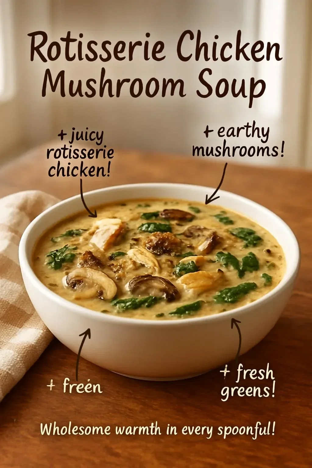 Bowl of rotisserie chicken mushroom soup garnished with herbs