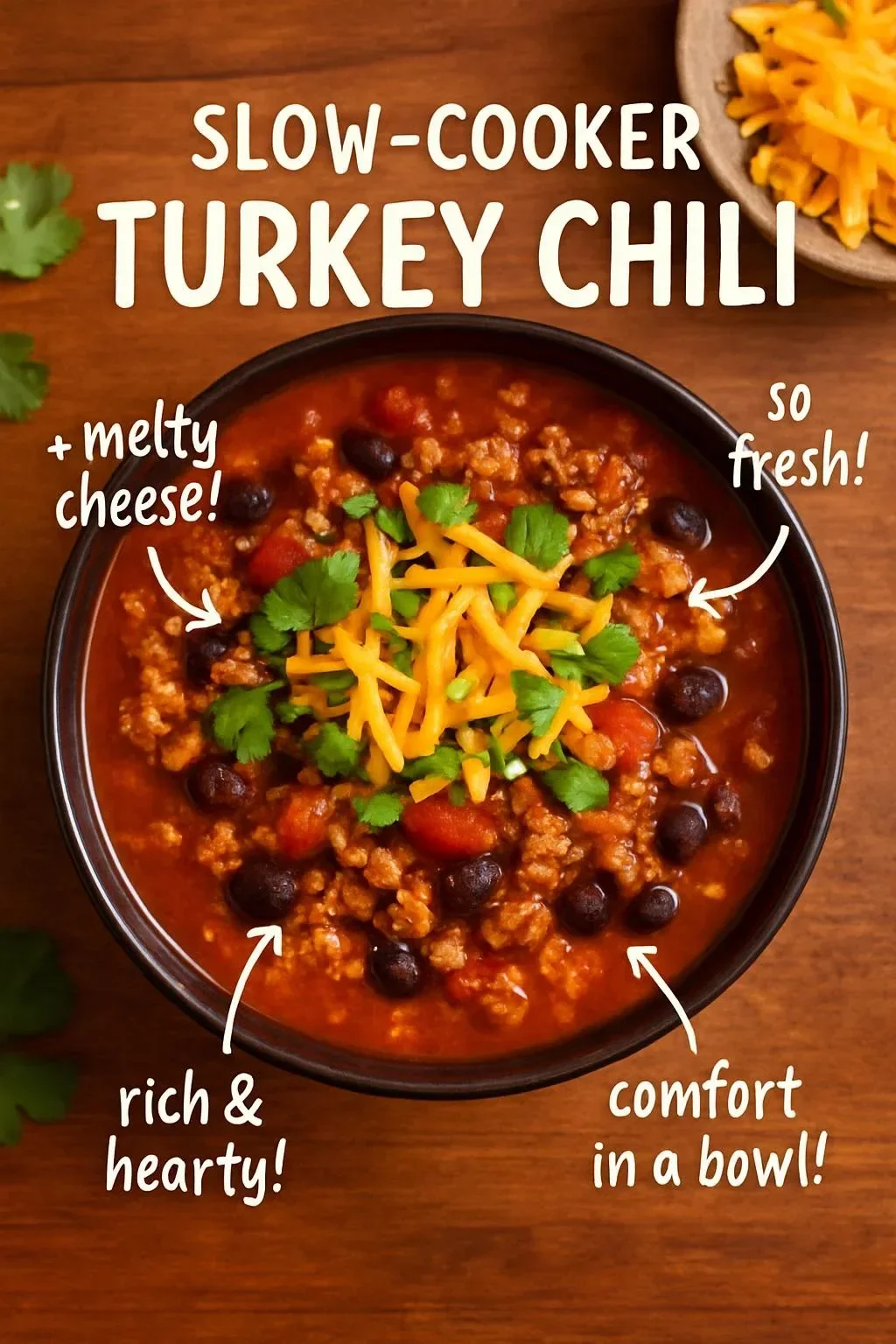 Bowl of slow-cooker turkey chili topped with fresh herbs and spices