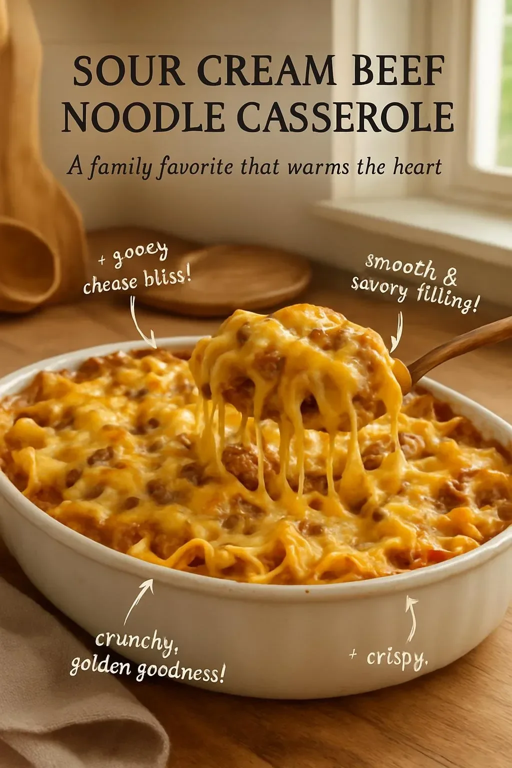 Sour cream beef noodle casserole with beef, noodles, and creamy sauce topped with cheese.