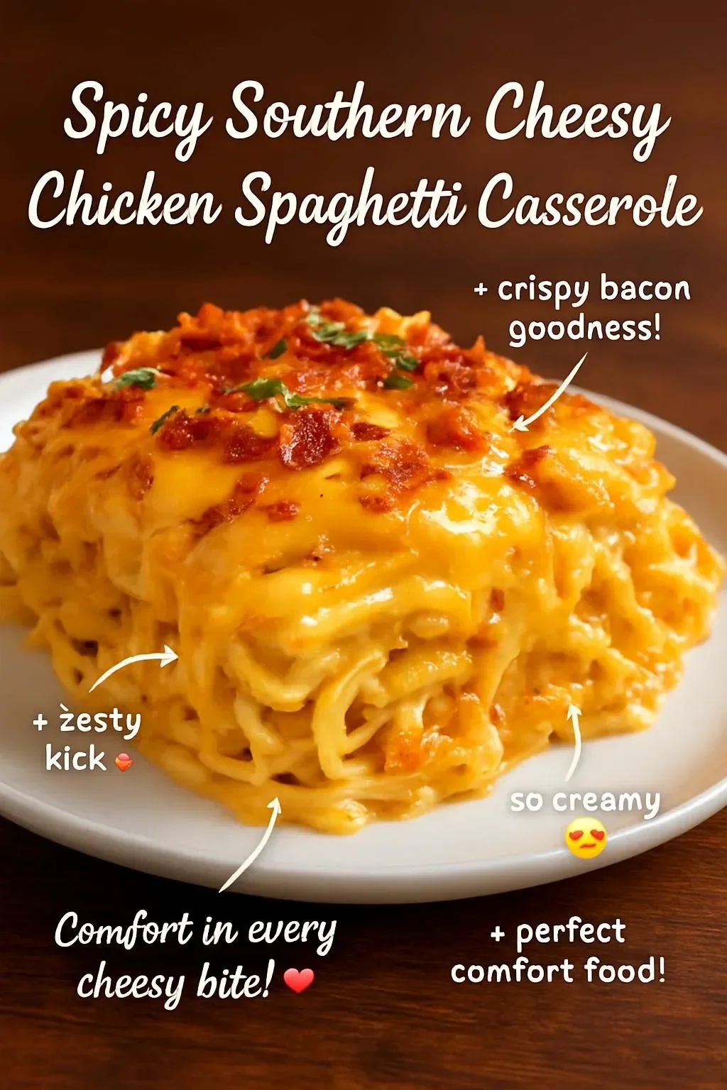Delicious Southern Cheesy Chicken Spaghetti Casserole topped with melted cheese.