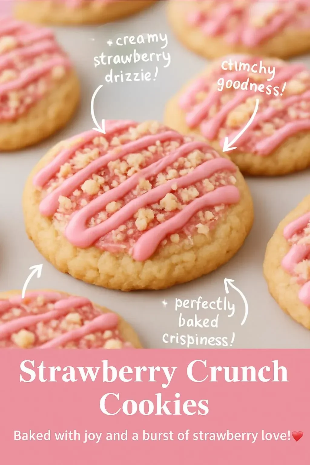 Delicious homemade Strawberry Crunch Cookies with fresh strawberries and crunchy topping