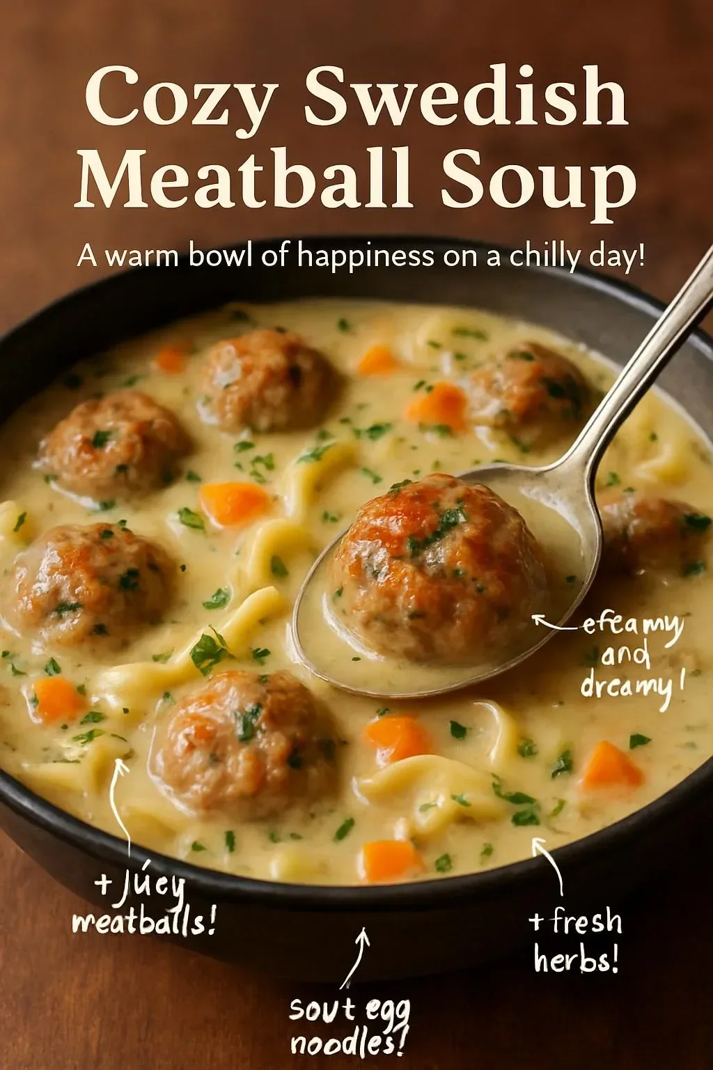 Delicious bowl of Swedish meatball soup with vegetables and herbs