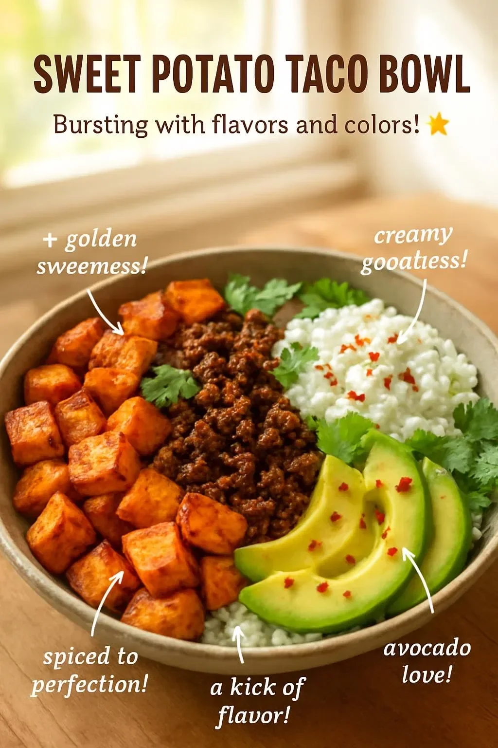Colorful sweet potato taco bowl with toppings and fresh vegetables.