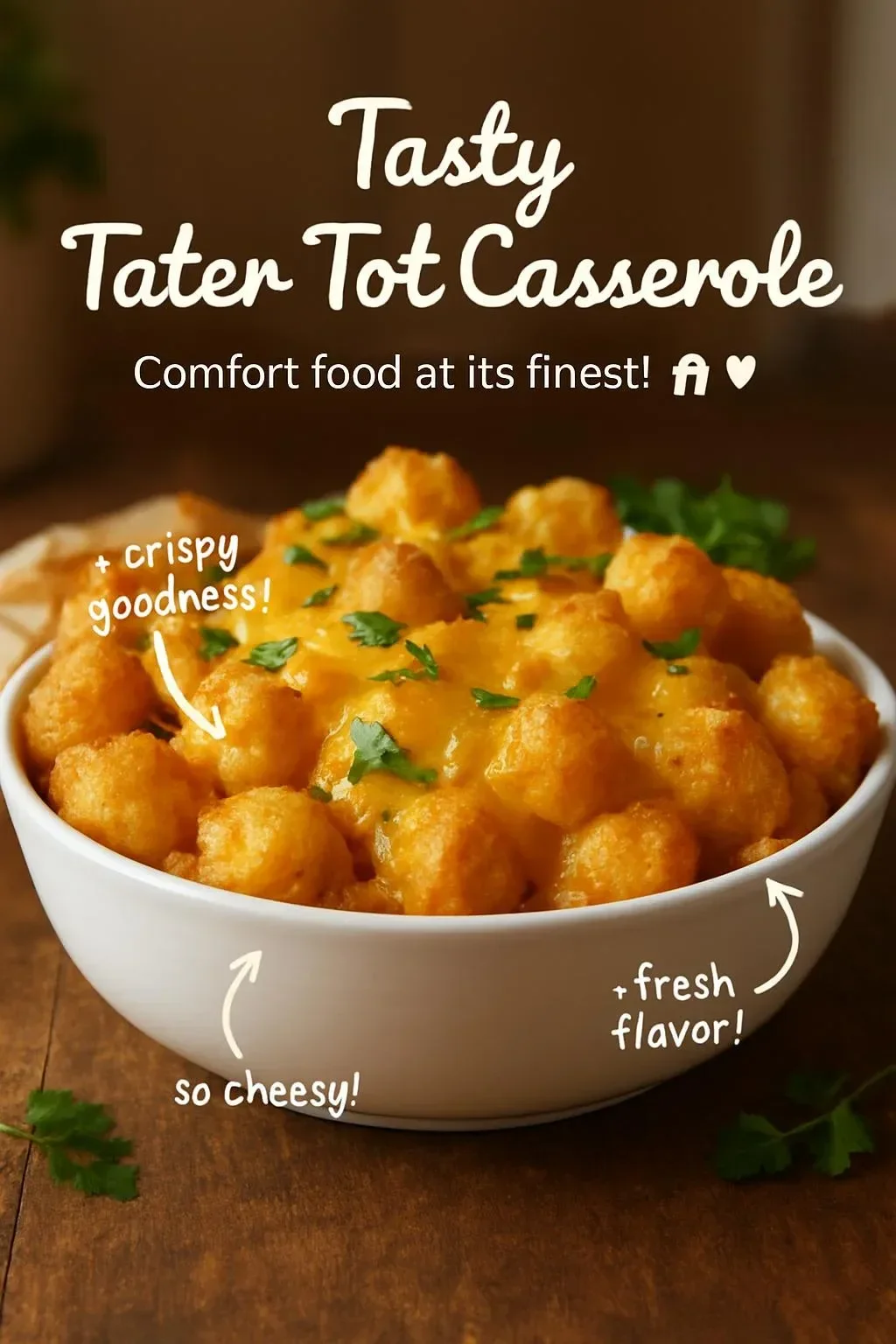 Delicious homemade Tater Tot Casserole topped with golden crispy tots