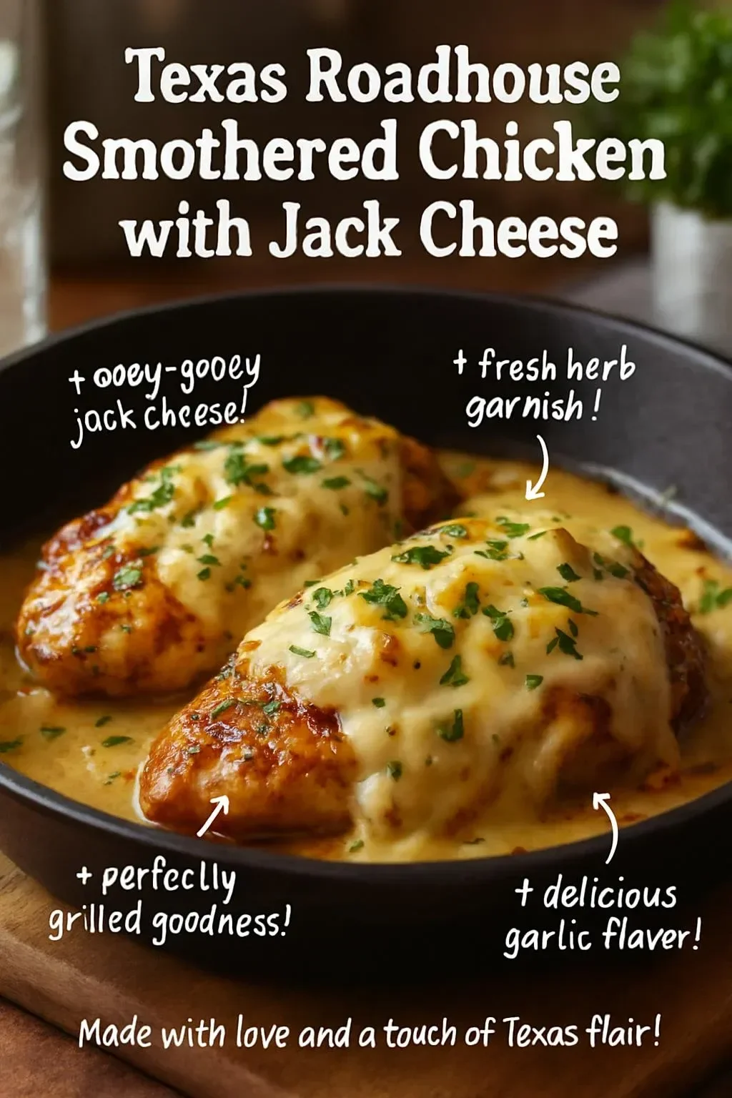 Texas Roadhouse smothered chicken topped with savory flavors