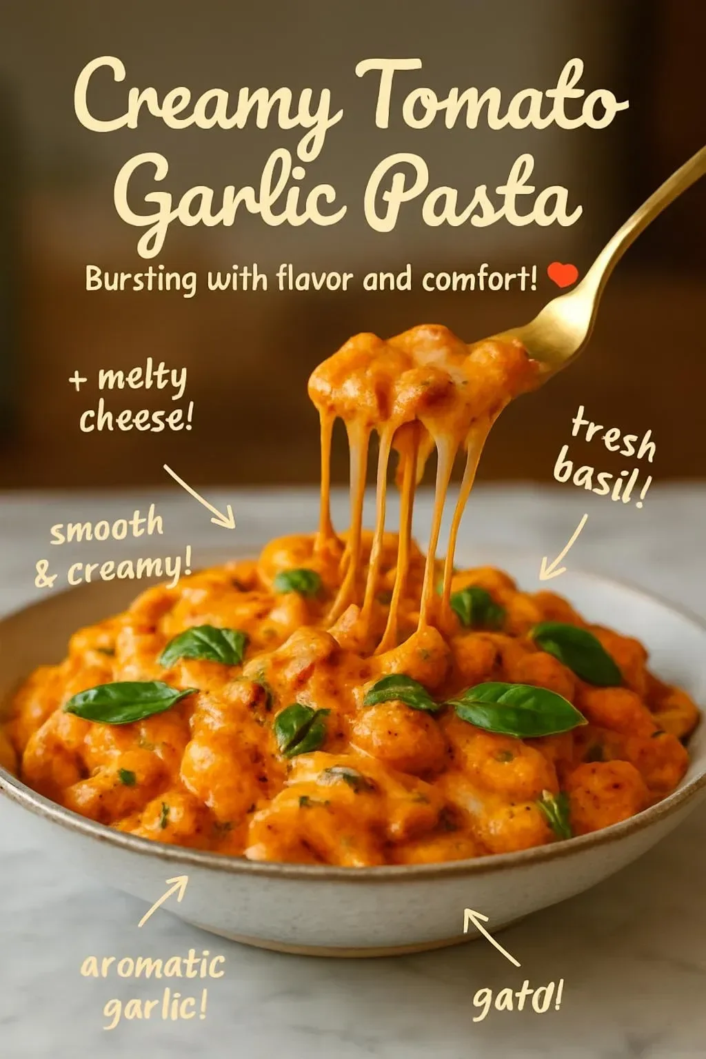 Bowl of Tomato Garlic Pasta garnished with fresh basil and parmesan cheese