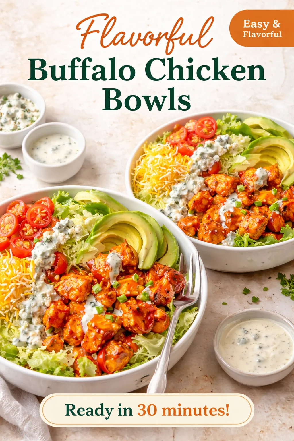 Buffalo Chicken Bowls topped with fresh ingredients and spicy sauce