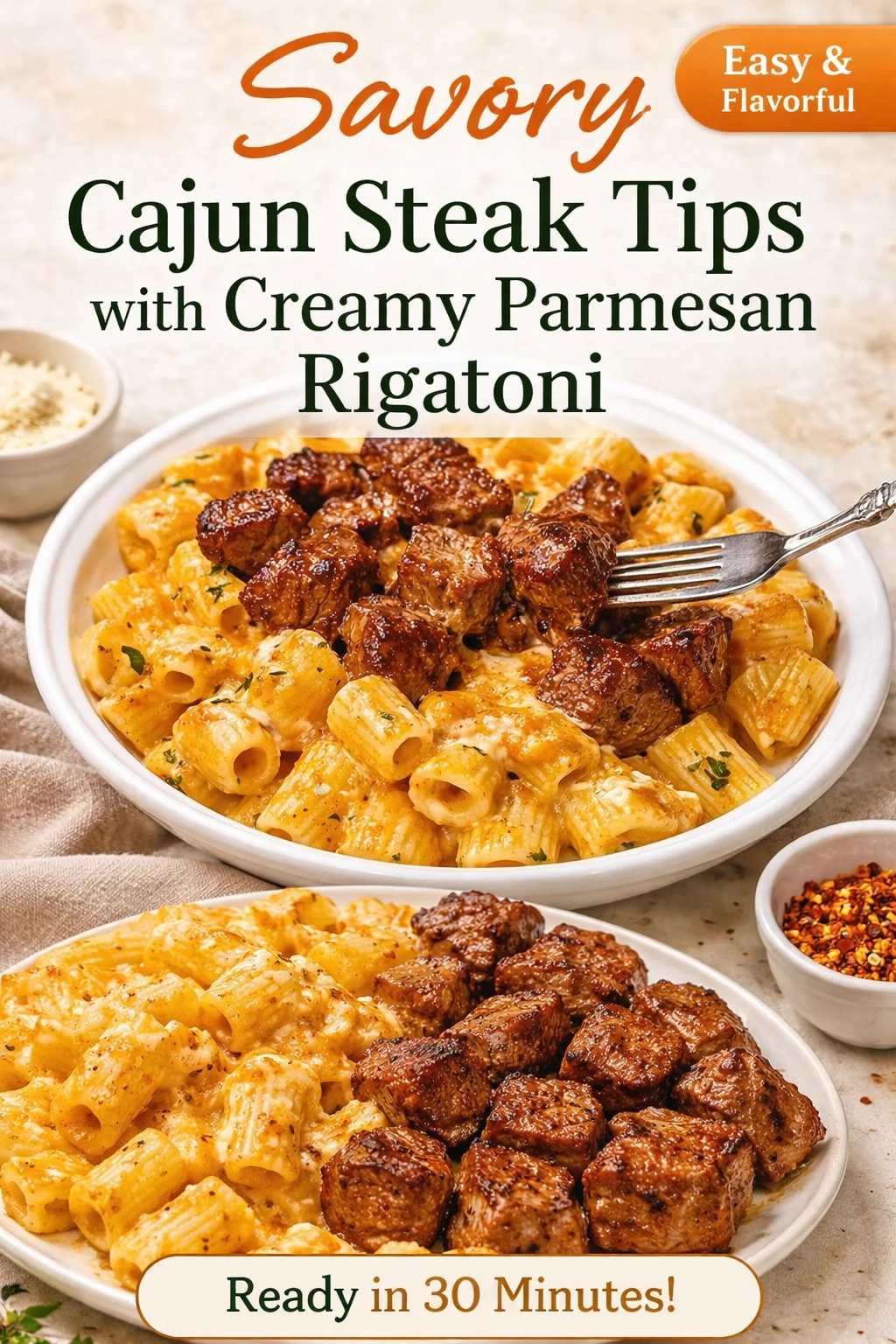 Cajun Steak Tips with Creamy Parmesan Rigatoni